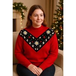 Honors Misses‎ Red Mock Neck Floral Fair Isle Knit Vintage Sweater Women Size S